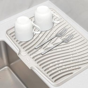 Imagem de TIKNIK Tapete de secagem de pratos de silicone para balcão de cozinha, almofada de secagem de louça, almofada de drenagem antiderrapante com dreno embutido, tapete de secagem de pedra resistente ao
