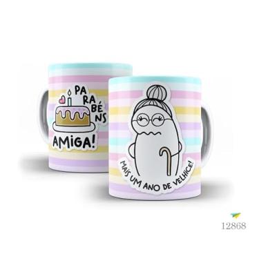 Imagem de Caneca Decorativa Parabéns Amiga, Porcelana, Design Listrado Pastel, Tema Aniversário com Bolo e Ilustração Fofa, 325ml (12868)