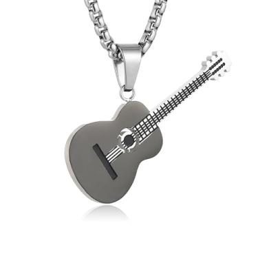 Imagem de HZMAN Colar com pingente de guitarra para amantes de música – ouro, prata e aço inoxidável preto, pingente de instrumento musical presente para guitarristas, homens e mulheres, Aço inoxidável, Sem