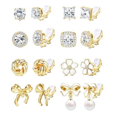 Imagem de Brincos femininos com clipe de ouro, 8 pares de brincos falsos, não perfurados - laço de zircônia cúbica, pérola, strass redondo, brincos não perfurados, brincos prateados, brincos de halo, brincos