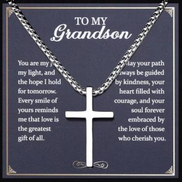 Imagem de TEN MIRO Colar de cruz prata/preta para homens, meninos, colar com pingente de cruz de aço inoxidável para homens, joias religiosas cristãs com caixa e cartão, aniversário, Natal, Dia dos Pais