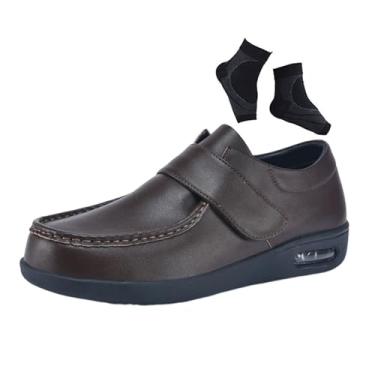 Imagem de Sapatos Ajustáveis ​​​​idosos, Sapatos Largos De Couro Para Homem Ajustáveis ​​para Artrite Respiráveis ​​e Diabéticos Edemas, Conforto Casual Ortopédicos Antiderrapantes Caminhar(Brown,43 EU)