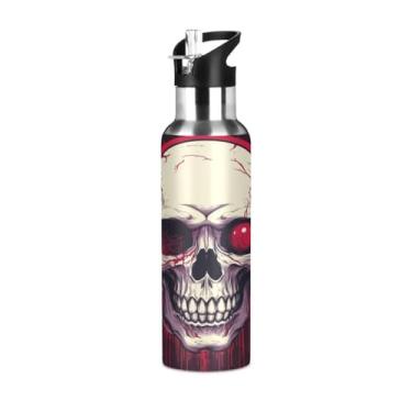 Imagem de Wassud Garrafa de água, olhos vermelhos, caveira, aço inoxidável, esportiva, garrafa de água com isolamento de palha, copo portátil para viagem, 946 ml