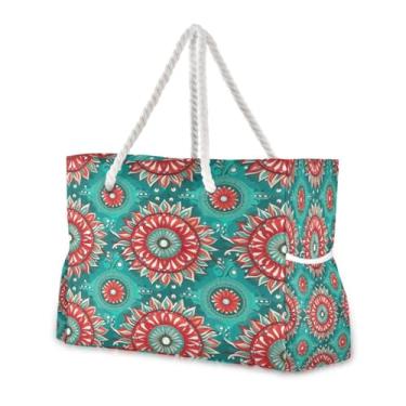 Imagem de Wassud Bolsa de praia grande com azulejo vermelho e azul-petróleo para mulheres, impermeável, à prova de areia, bolsa de viagem com zíper e bolso para piscina, academia, acampamento