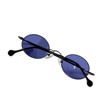 Imagem de JRLLFD Óculos de sol ovais pequenos de metal, femininos, masculinos, punk, vintage, para mulheres (azul-arma)