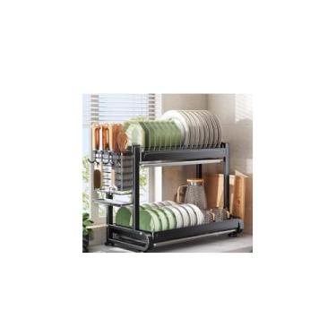 Imagem de Escorredor de Louças Multifuncional, 2 Andares, Metal e Plástico, Preto Fosco, 43x27x33.5cm, com Suportes para Talheres e Utensílios, para Bancada