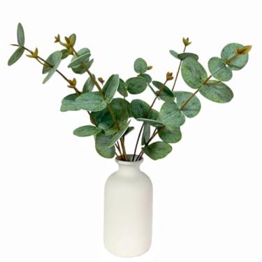 Imagem de Avoik Plantas artificiais ramo de eucalipto em vaso, 35,5 cm de plantas falsas hastes de vegetação folhas ramos com vaso de cerâmica caules de eucalipto falso para casa, escritório, fazenda, mesa de