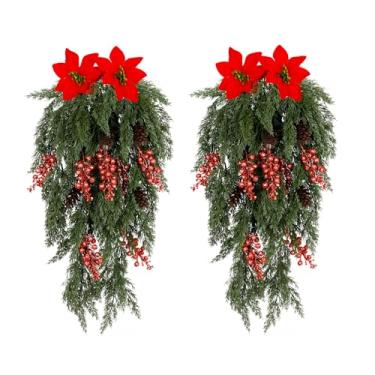 Imagem de Decorações de Natal, plantas artificiais com poinsétias, flores artificiais de Natal, baga, pinha, vegetação, caules para porta da frente/lareira para pendurar na parede de inverno, casa, férias (2