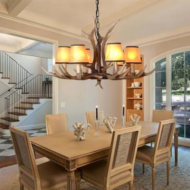 Imagem de Luminária pendente estilo industrial retrô com 6 lâmpadas, cúpula de resina e ferro, soquete E14, altura ajustável, ideal para sala de jantar, sala de estar, café, cozinha ou bar.