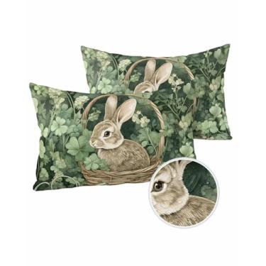 Imagem de DOME-SPACE Coelhinho Dia de São Patrício Trevo Outdoor Fronhas 50 x 30 cm Pacote com 2 Fronhas Impermeáveis Cesto Chaleira Folha Rústica Capa de Almofada Decorativa para Sofá de Pátio