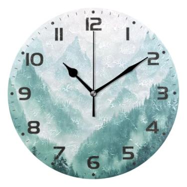 Imagem de JUZIHAI Relógio de parede Smoky Green Mountains, silencioso, sem tique-taque, redondo, operado por bateria, fácil de ler, relógio decorativo de parede para casa, cozinha, sala de estar, quarto