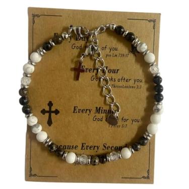 Imagem de DOLON Pulseira minimalista cristã com pingente de cruz com contas boêmia de pedra natural de 4 mm para mulheres, homens, confirmação, batismo, Páscoa, aniversário, presentes religiosos de Natal