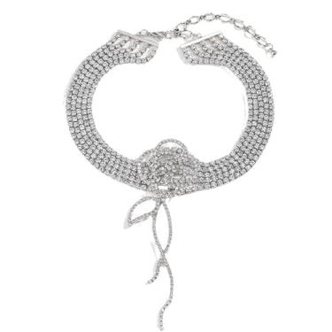 Imagem de Kokoma Colar gargantilha de flor rosa com strass, zircônia cúbica cintilante, floral, prata, multicamadas, pingente pendurado para noivas, acessórios de casamento