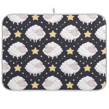 Imagem de Tapetes de secagem de pratos pretos com estrelas de ovelha, 45 x 61 cm, tapete de escorredor de pratos de microfibra para decoração de bancada de cozinha