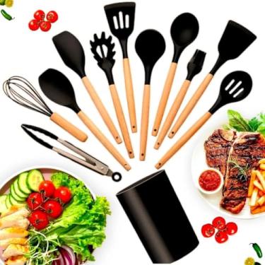 Imagem de ProChef™ Kit 12 Utensílios de Cozinha Silicone com Cabo Madeira Resistente ao Calor Livre BPA | Espatulas em Silicone e Madeira