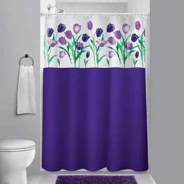 Imagem de Cortina de Box Banheiro Vinil com Ganchos – Cortina para Box Impermeável e Fácil de Limpar (VISOR TULIPAS)