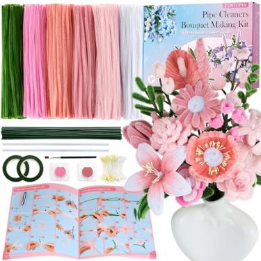 Imagem de 540 limpadores de cachimbo artesanais, 6 cores limpadores de cachimbo a granel com 15 livros de orientação, kit de fabricação de flores com hastes de chenille, estame, fios florais e fita, buquês DIY