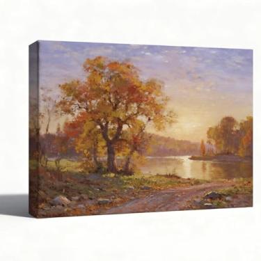 Imagem de Arte de parede em tela, impressão de pintura a óleo de paisagem, arte de árvores de caminho de lago de outono, arte de parede rústica para sala de estar quarto escritório, pronto para pendurar