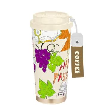 Imagem de TSENQUE Caneca de café de viagem 40 ml com canudo e tampa, copo de parede dupla isolado a vácuo com revestimento cerâmico, vinho uva roxa páscoa