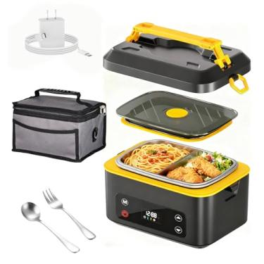 Imagem de RUDAP Lancheira elétrica sem fio, aquecedor de alimentos portátil de 1,2 L recarregável de 24000 mAh com 5 modos de aquecimento, controle automático de temperatura, lancheira aquecida – perfeita para