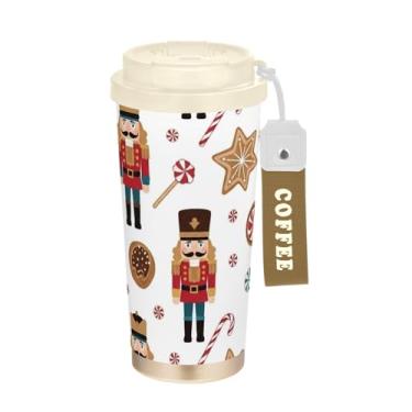 Imagem de Caneca de viagem de café 40 ml com canudo e tampa, copo de café de viagem de aço inoxidável à prova de vazamento para escritório, escola, festa, acampamento, quebra-nozes fofos soldados de Natal