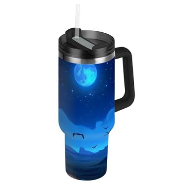 Imagem de Copo com alça 1,134 g Copos de aço inoxidável com tampa e canudos Garrafa de água com isolamento térmico carros caneca de café bebida quente majestoso leão enluarado montanha azul