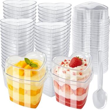 Imagem de Pacote com 60 copos de sobremesa em forma de coração com tampas e colheres, mini copos de plástico atirador de sobremesa de 142 g, copos de aperitivo de plástico transparente para o dia dos namorados