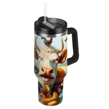 Imagem de Joisal Copos de aço inoxidável com tampas e canudo engraçados animais de fazenda vaca carros xícara de café bebida quente copo térmico de 850 g com alça garrafa de água isolada