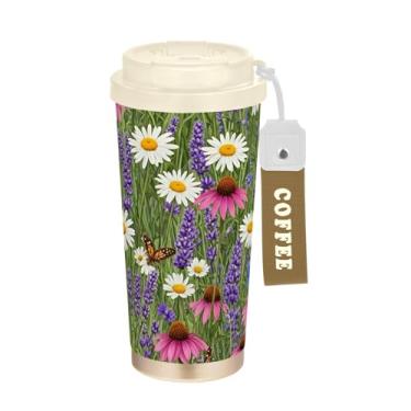 Imagem de TSENQUE Caneca de café de viagem 40 ml com revestimento cerâmico, copo de café de aço inoxidável com tampa e canudo, copo isolado a vácuo, borboletas roxas de flores silvestres vibrantes