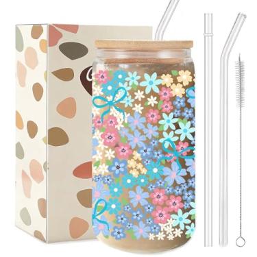 Imagem de TAGDANK Copo de vidro floral Meadow Bow 473 ml, copo estético de flor pastel com tampa de plástico e canudos, copo de café gelado fofo para mulheres, presente romântico para aniversário, dia das mães