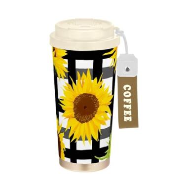 Imagem de TSENQUE Caneca de café de viagem de 473 ml com tampa de canudo e filp, copos de parede dupla isolados a vácuo com revestimento cerâmico, girassol amarelo, preto, grade branca