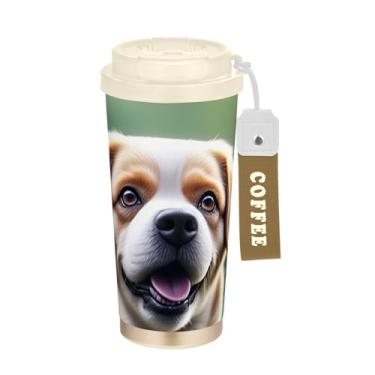 Imagem de Caneca de viagem de café 40 ml com revestimento cerâmico, caneca de café de aço inoxidável com tampa e canudo, copo isolado a vácuo, animal vívido de cachorro fofo