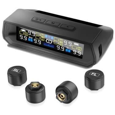 Imagem de Yicplu Sistema de monitoramento de pressão de pneu, TPMS com visor LCD colorido de carregamento solar e USB, comandos de voz, 6 modos de alarme, faixa de 0-87 PSI (4 sensores de pneu)