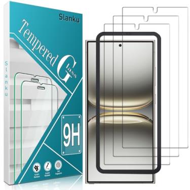 Imagem de Slanku [Pacote com 3 protetores de tela para Samsung Galaxy S24 Ultra vidro temperado com moldura de instalação, suporte para leitor de impressões digitais, cobertura total, compatível com capas,