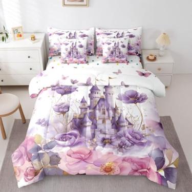 Imagem de jejeloiu Conjunto de edredom de princesa com 7 peças, castelo, roxo, roxo, leve, para crianças, meninos, meninas, decoração de quarto kawaii, roxo e branco