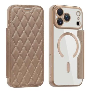 Imagem de SFDSUH Capa carteira de couro resistente a impactos com porta-cartões e carregamento sem fio magnético para iPhone 16 Plus (para iPhone 16 Plus/Dourado Deserto)