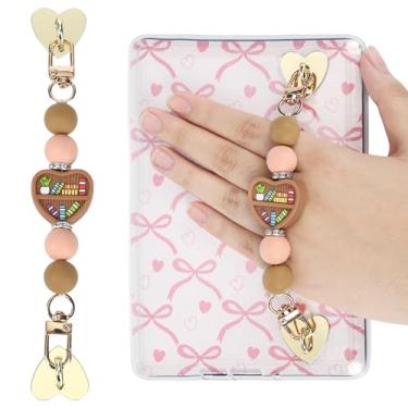 Imagem de LuneClat Alça de silicone com contas para Kindle - Linda alça de mão para leitor eletrônico com estante marrom, corrente de aderência para Kindle Charm, presente de livros para amantes de e-books