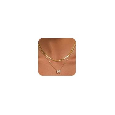 Imagem de KLSURPRISE2 Colar feminino com letra mini bolha – Colar delicado com inicial de zircão banhado a ouro 18 k manchado espinha de peixe em camadas para presente, Large, Cobre, Zircão