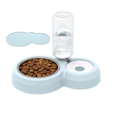 Imagem de TANXIC Tigelas duplas para cães e gatos, conjunto de tigela de comida e água para animais de estimação com dispensador automático de água e tigela de aço inoxidável, tapete de silicone para cães