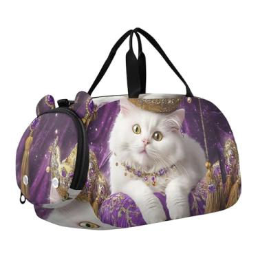 Imagem de Bolsa esportiva mística de gato preto com flores tropicais para meninas, bolsa de viagem noturna, com alça de ombro para meninos, Coroa dourada de gato branco real, Clássico