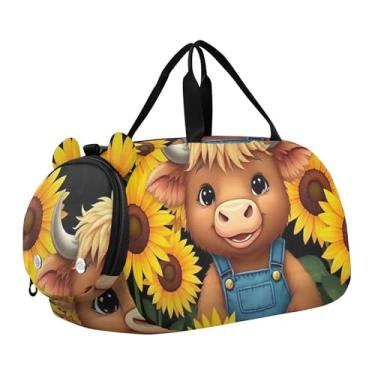 Imagem de Bolsa esportiva para meninos, bolsas noturnas, lindas bolsas de viagem para viagem, bolsa de viagem, Girassol Highland fofo de desenho animado, Clássico