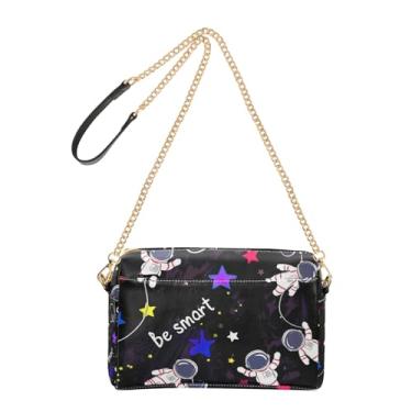 Imagem de Joitme Bolsa feminina transversal para celular com alça de corrente de couro PU bolsa de ombro fofa astronautas espaço preta