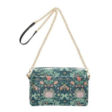 Imagem de Joitme Bolsas transversais intrincadas verdes com folhas florais bolsa feminina bolsa para celular bolsa de couro PU bolsa de ombro alça de corrente