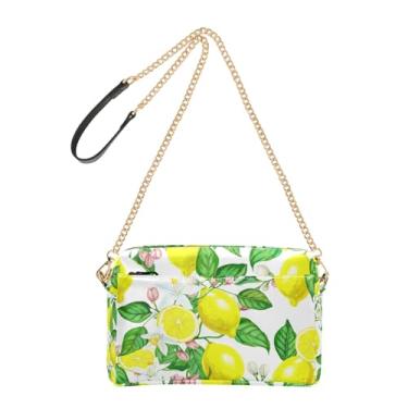 Imagem de Joitme Bolsa feminina tiracolo amarela folhas de limão flores brancas bolsa para celular bolsa de couro PU bolsa de ombro alça de corrente