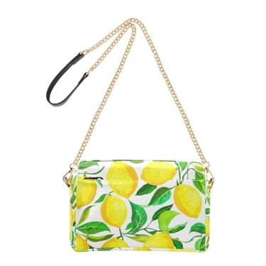 Imagem de Bolsa tiracolo feminina amarela com folhas de limão branco bolsa de telefone linda alça de corrente bolsa de ombro de couro PU
