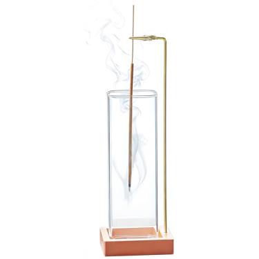 Imagem de Suporte de incenso, suporte de incenso de metal para palitos com apanhador de cinzas de vidro removível, queimador de incenso anticinza, decoração de casa de luxo para relaxamento de meditação (ouro