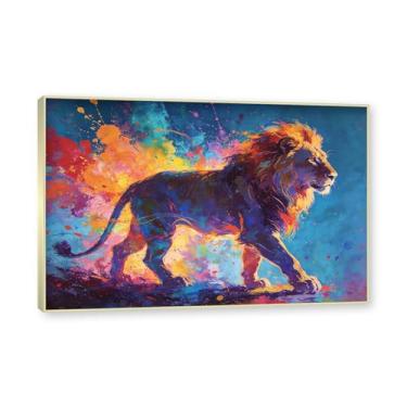 Imagem de NHLDZYH Moldura dourada. Arte abstrata de respingos de leão, pintura colorida de animais em tela, decoração de parede expressiva moderna para sala de estar ou escritório. A85. 30x45cm-11,8x17,7 pol.