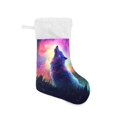 Imagem de ATTX Meias de Natal Aurora Boreal Lobo, Brancas de Pelúcia, Suportes de Presente para Decorações de Festas de Férias (17,7 polegadas, 1 Pacote) #278
