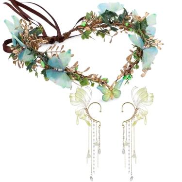 Imagem de MOSTORY Conjunto de acessórios de fada borboleta – Kit de punhos de orelhas de elfo e coroa de elfo de flor da floresta para mulheres, fantasia renascentista, cosplay, Verde, adjustable