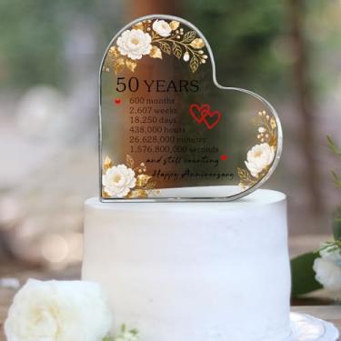 Imagem de Topo de bolo de aniversário de casamento dourado 50 anos, bloco de acrílico de coração de peônia transparente, decoração de bolo de 50º aniversário elegante e presente de lembrança para casais (10 cm)